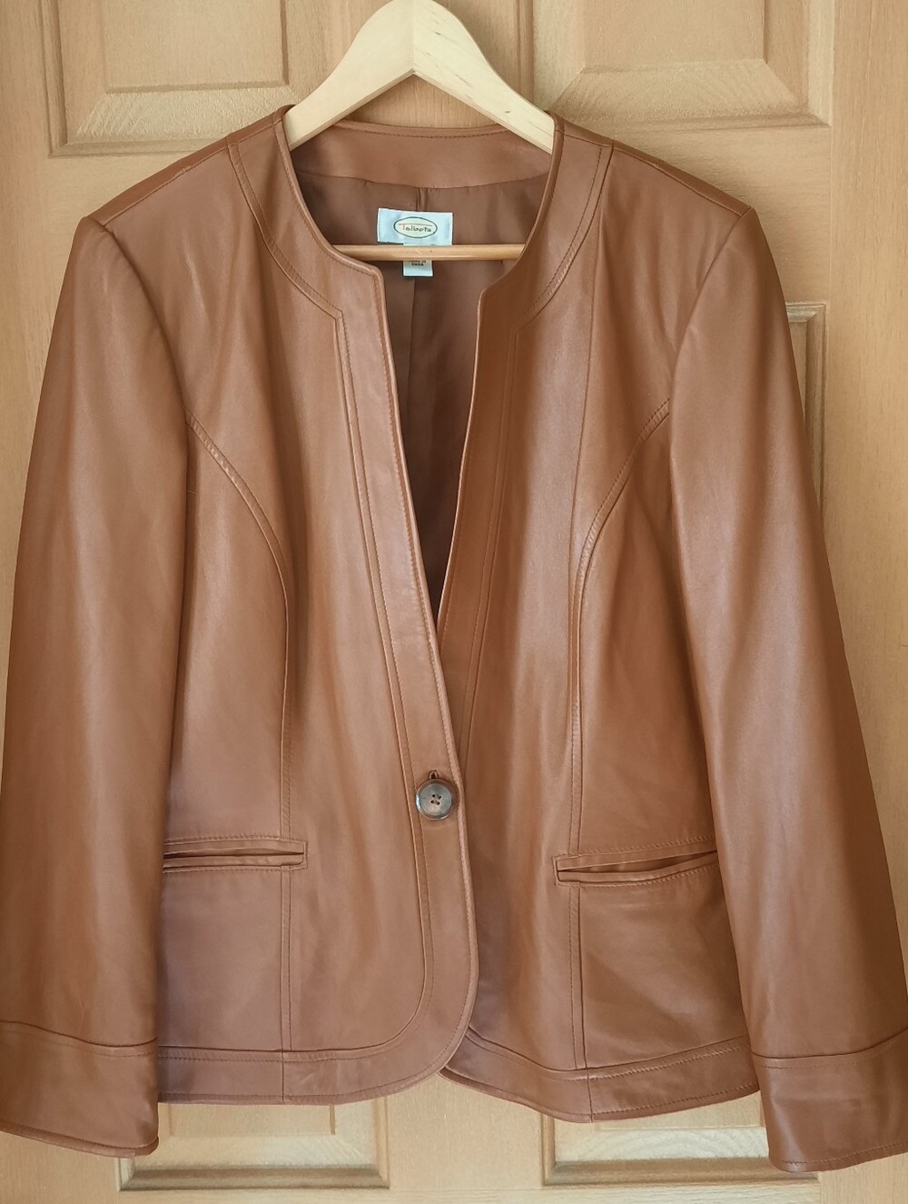 Talbots Genuine Leather Collarless Single-Button Jacket - Cognac Brown, Size 14